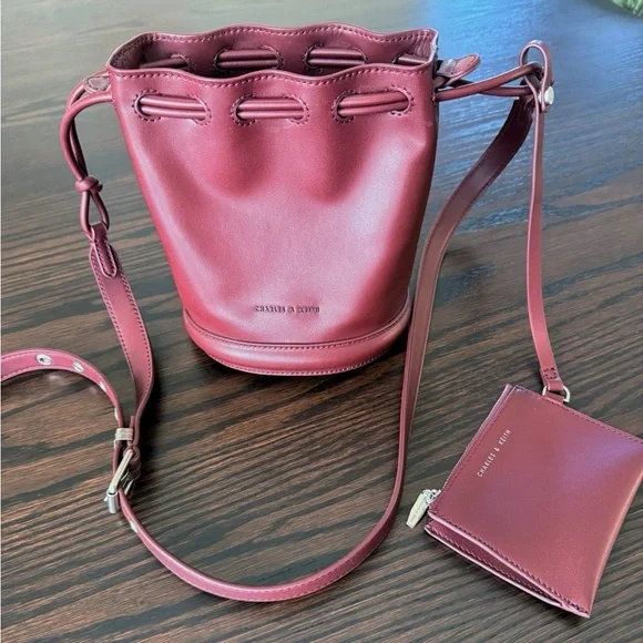 Charles & Keith Burgundy/Brown Drawstring Blossom Bucket Bag - Picture 1 of 7